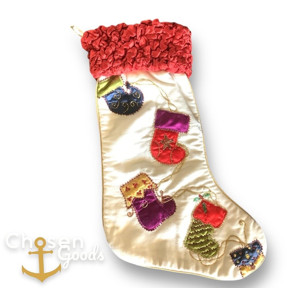 VTG Christmas Stocking Embroidered Little Stockings Beaded On Satin Gold Trim